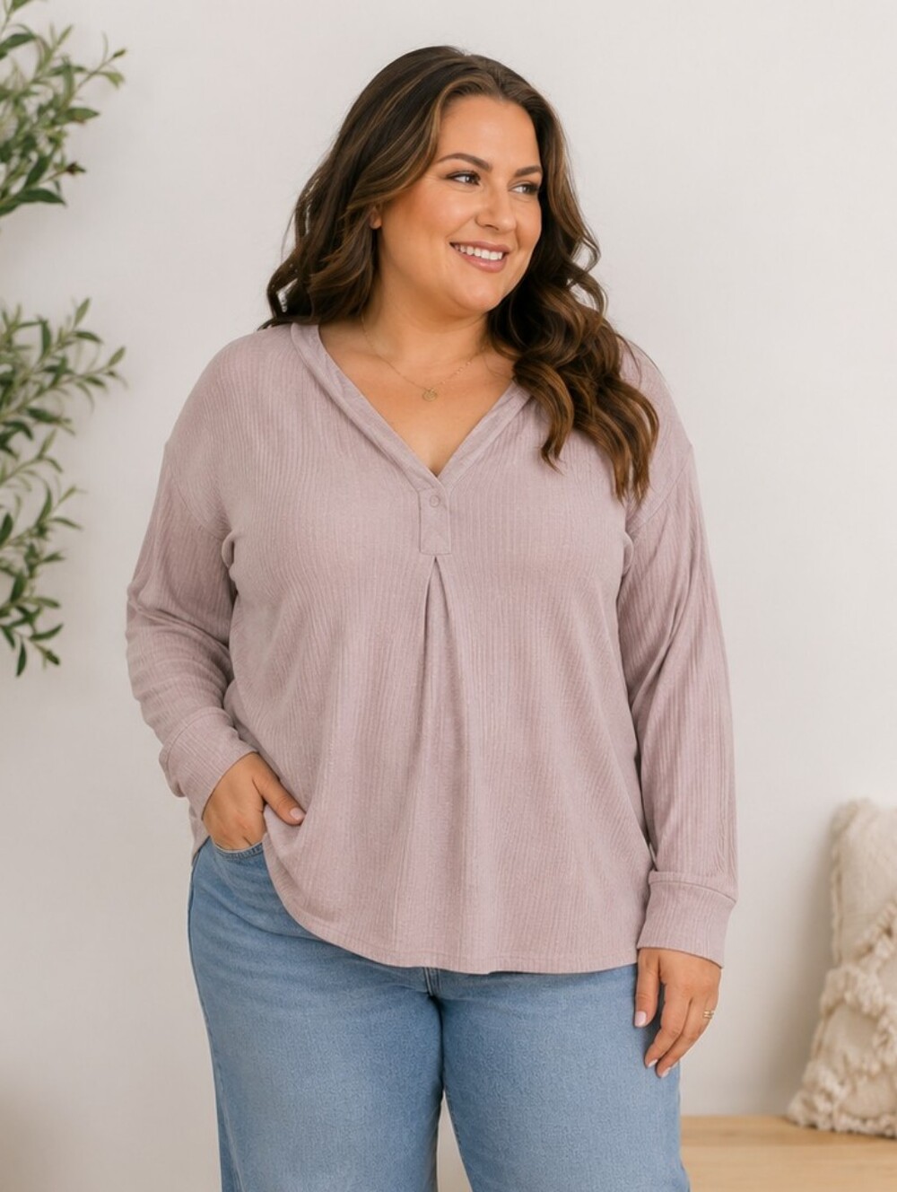 Evri Long Sleeve Ribbed Knit Pleated V-neck Top in Dusty Rose Casual Women's 1X